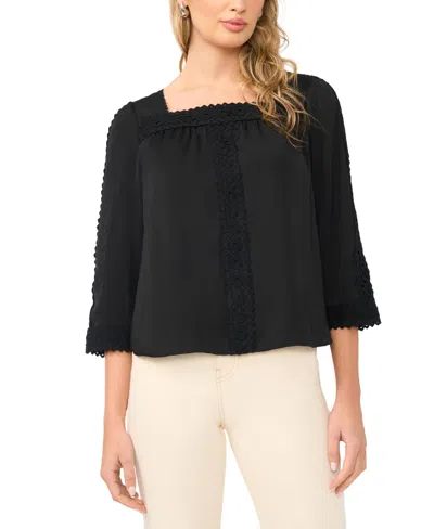 Vince Camuto Square Neck Lace Yoke Blouse In Black