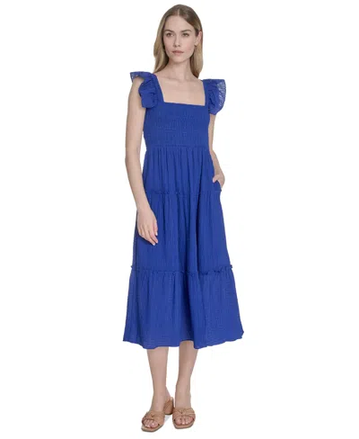 Vince Camuto Women's Square-neck Ruffle-strap Smocked Dress In Blue