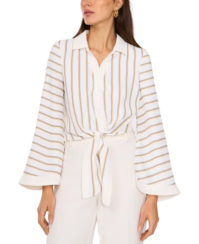 Vince Camuto Women's Striped Tie-hem Wide-sleeve Button-front Top In New Ivory