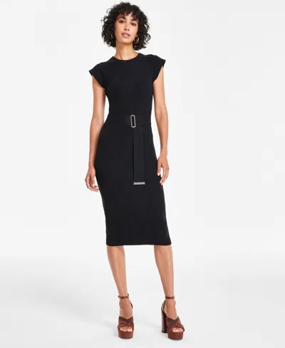 Vince Camuto Petite Round-neck Belted Short-sleeve Dress In Black