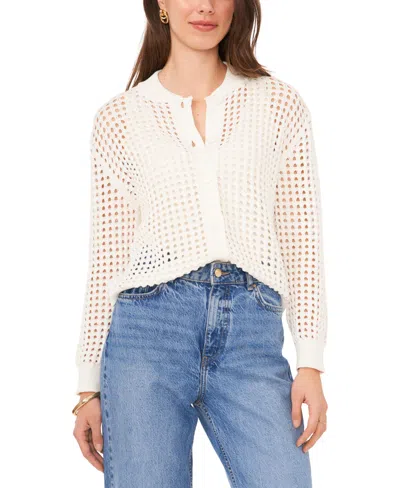 Vince Camuto Pointelle Crewneck Cardigan In New Ivory