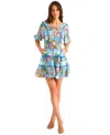 Vince Camuto Printed Tie Front Three Tier Mini Dress In Blue