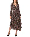 Vince Camuto Floral Long Sleeve Asymmetric Hem Dress In Rich Black