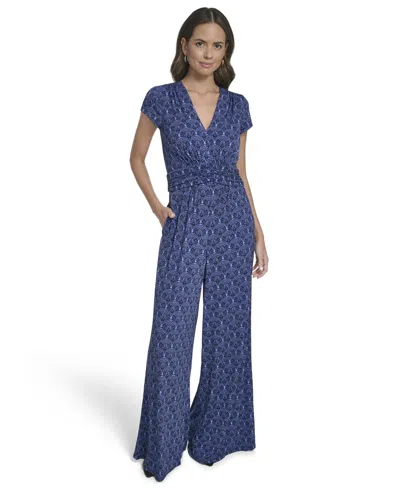 Vince Camuto Women's V-neck Printed Shirred Front Jumpsuit In Blue