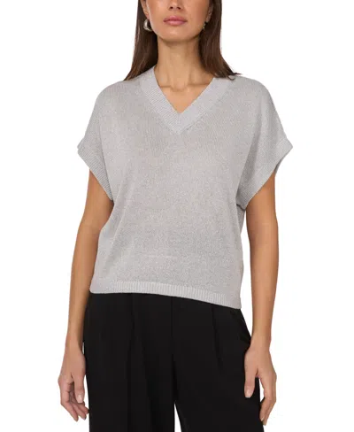 Vince Camuto Women's V-neck Shine Short-sleeve Sweater In Ash Blue Silver