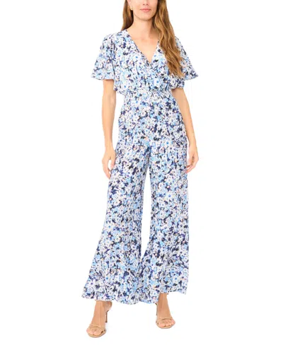 Vince Camuto Floral Print Flutter Sleeve Jumpsuit In Blue