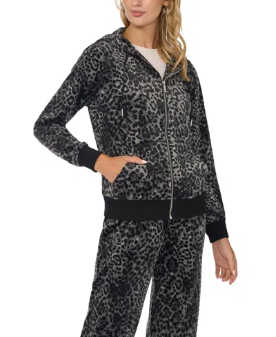 Vince Camuto Women's Velour Animal-print Zip-front Hoodie Jacket In Black