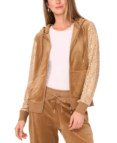 VINCE CAMUTO WOMEN'S VELOUR SEQUIN LONG-SLEEVE ZIP-FRONT HOODIE JACKET