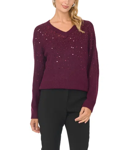 Vince Camuto Women's V-neck Sequin Ribbed-knit Sweater In Burgundy