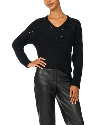 Vince Camuto Women's V-neck Sequin Ribbed-knit Sweater In Black