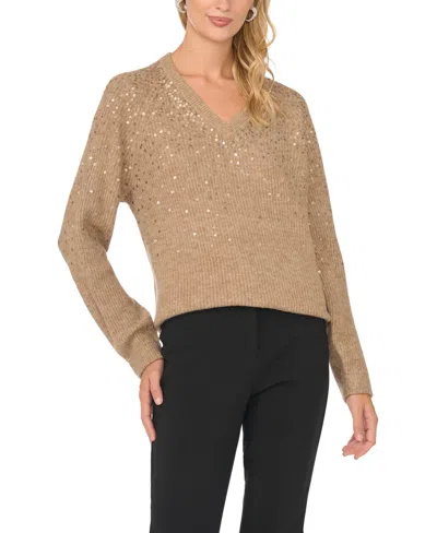 Vince Camuto Women's V-neck Sequin Ribbed-knit Sweater In Brown