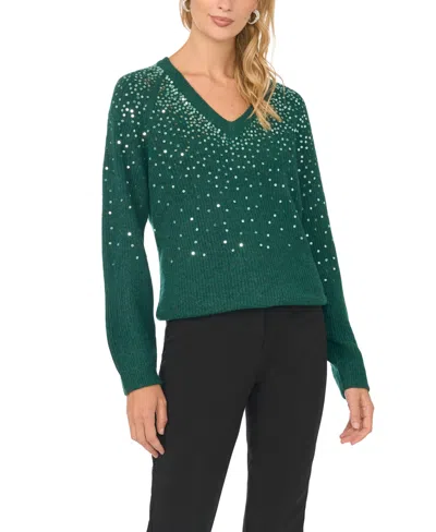 Vince Camuto Women's V-neck Sequin Ribbed-knit Sweater In Green