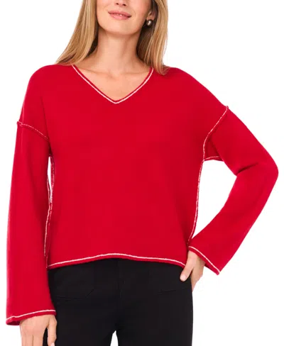 Vince Camuto Women's V-neck With Contrast Crochet Sweater In Red