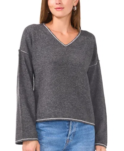 Vince Camuto Women's V-neck With Contrast Crochet Sweater In Gray