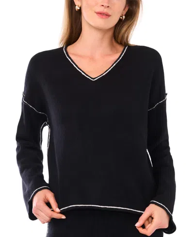 Vince Camuto Women's V-neck With Contrast Crochet Sweater In Black