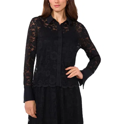 Vince Camuto Womens Contrast Trim Lace Button-down Top In Black