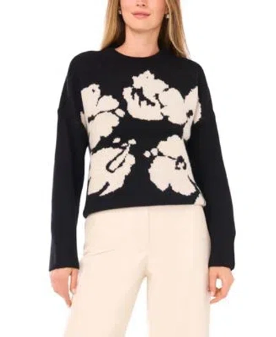 Vince Camuto Womens Crewneck Floral Motif Long Sleeve Sweater In Black