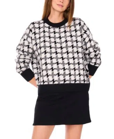 Vince Camuto Womens Crewneck Houndstooth Long Sleeve Sweater In White