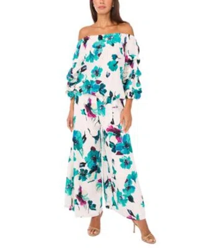 Vince Camuto Womens Cropped Wide Leg Pants Off The Shoulder Bubble 3 4 Sleeve Tie Front Blouse In Green