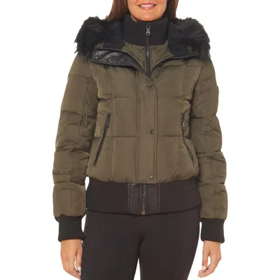 Vince Camuto Womens Faux Fur Cold Weather Bomber Jacket In Green