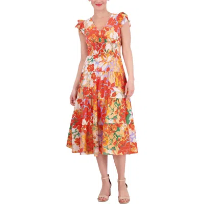Vince Camuto Womens Flutter Sleeve Floral Print Midi Dress In Neutral