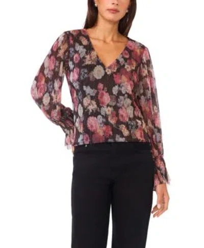 Vince Camuto Womens Long Sleeve V Neck Shirred Cuffs Top In Multi