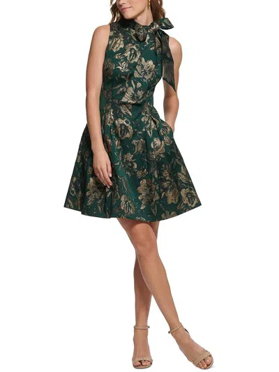 Vince Camuto Womens Metallic Tie Neck Fit & Flare Dress In Green
