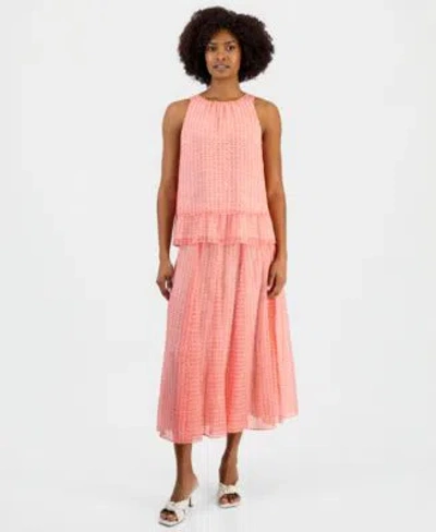 Vince Camuto Womens Printed Peplum Hem Sleeveless Top Pull On Pleated Waist Skirt In Pink