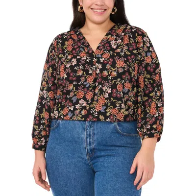 Vince Camuto Plus Size Printed V-neck Blouse In Rich Black