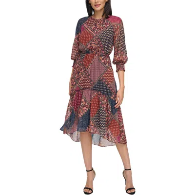 Vince Camuto Womens Printed Side Tie Midi Dress In Multi