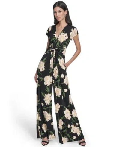 Vince Camuto Womens Printed Twist Front V Neck Jumpsuit In Black