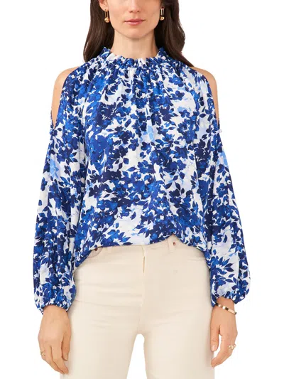 Vince Camuto Womens Ruffle Neck Floral Print Blouse In Blue