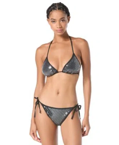 Vince Camuto Womens Sequin Embellished Triangle Bikini Top Side Tie Bikini Bottoms In Gray