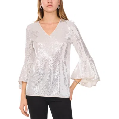 Vince Camuto Womens Sequined Nylon Blouse In Silver