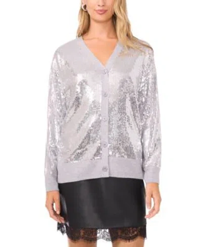 Vince Camuto Womens Sequined V Neck Cardigan Sweater In Gray