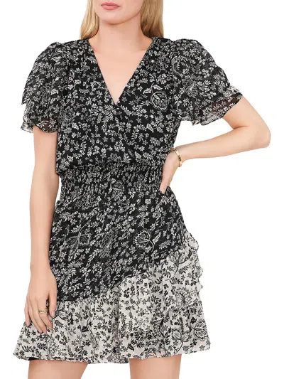 Vince Camuto Womens Smocked Floral Mini Dress In Black