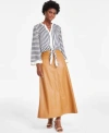 Vince Camuto Womens Striped Tie Hem Blouse Faux Leather Seamed Maxi Skirt In Desert Camel