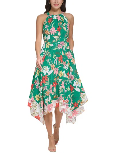 Vince Camuto Womens Tea Length Floral Print Halter Dress In Green