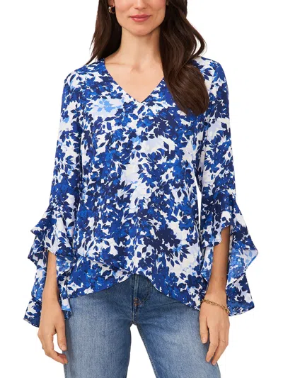 Vince Camuto Womens V-neck Floral Print Blouse In Blue