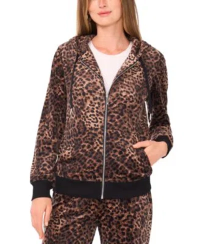 Vince Camuto Womens Velour Animal Print Zip Front Hoodie Jacket