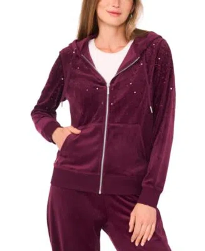 Vince Camuto Womens Velour Sequin Zip Front Hoodie Jacket In Burgundy