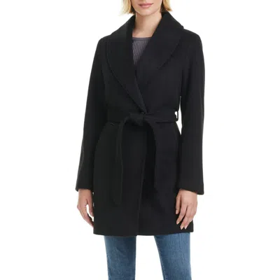 Vince Camuto Wrap Coat With Removable Faux Fur Collar In Black