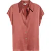 Vince Cap Sleeve Gathered Back Short Sleeve Silk Button-up Shirt