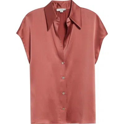 Vince Cap Sleeve Gathered Back Short Sleeve Silk Button-up Shirt