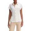 Vince Cap Sleeve Gathered Back Short Sleeve Silk Button-up Shirt In White
