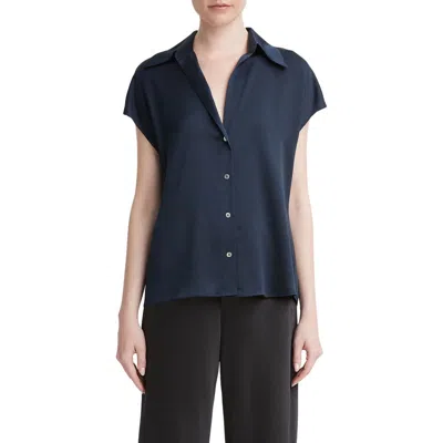Vince Cap Sleeve Gathered Back Short Sleeve Silk Button-up Shirt In Blue