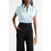 Vince Cap Sleeve Gathered Back Short Sleeve Silk Button-up Shirt