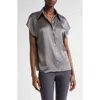 Vince Cap Sleeve Gathered Back Short Sleeve Silk Button-up Shirt In Gray