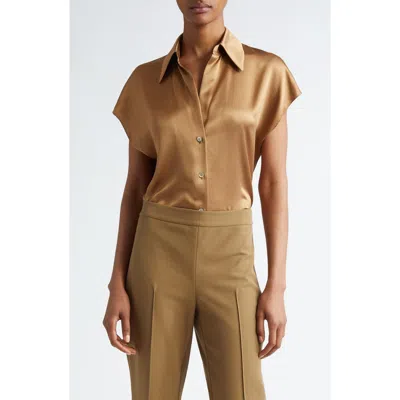 Vince Cap Sleeve Gathered Back Short Sleeve Silk Button-up Shirt In Light Nile