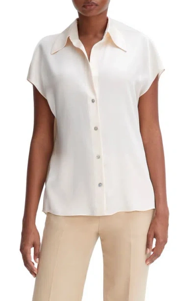 Vince Cap-sleeve Ruched-back Silk Blouse In Neutral